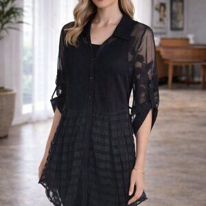 266566 Knit Sheer Black Floral Print Button Up Blouse Hi Lo by FRANK LYMAN